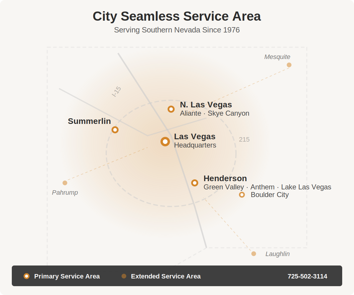 City Seamless Rain Gutter service area map covering Las Vegas, Henderson, Mesquite, Boulder City, and Southern Nevada